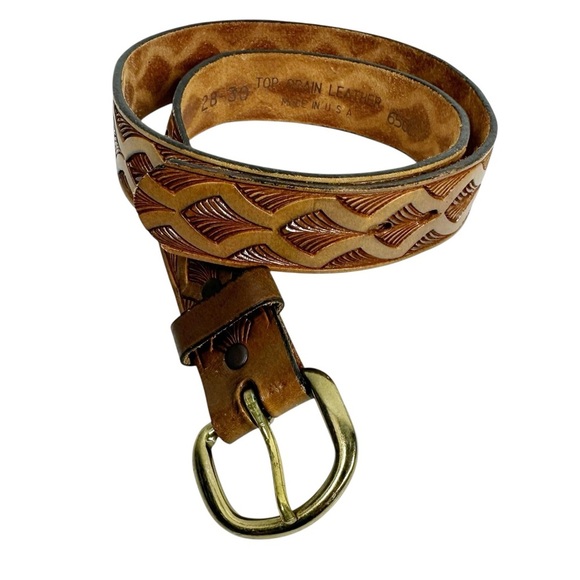 USA ACCESSORIES Brown Tooled Leather Belt with Brushed Brass Hardware Size 28-30 - Picture 1 of 6